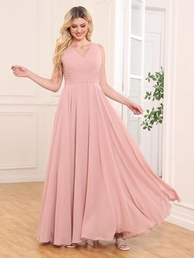 Women's V-Neck Chiffon Bridesmaid Dress Long A-line Formal Evening Prom Gowns（Pink）