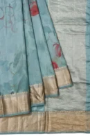 Blue Munga Cotton Silk Saree with Gold Zari and Chevron Pattern Border