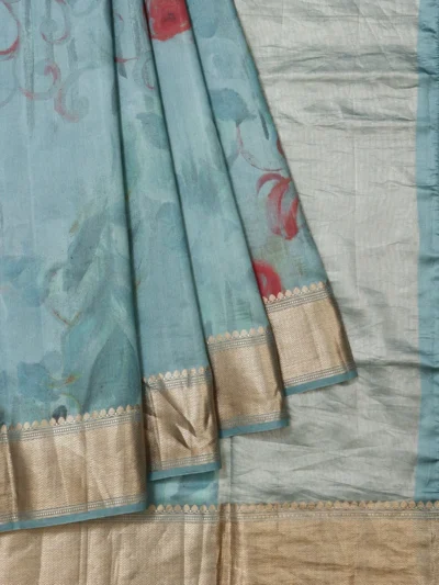 Blue Munga Cotton Silk Saree with Gold Zari and Chevron Pattern Border