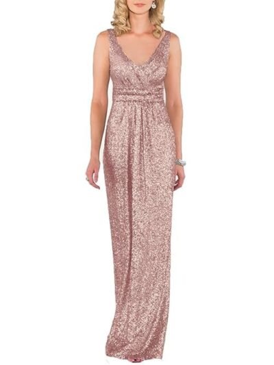 Sequin Bridesmaid Dresses Long Rose Gold V Neck Party Gowns