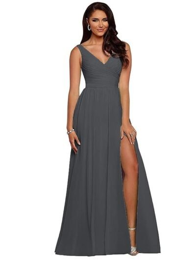 Women's Long A-Line Bridesmaid Dresses with Slit V-Neck Chiffon Prom Formal Dress B080