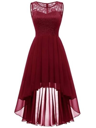 Women's Floral Lace Hi-Lo Bridesmaid Dress Formal Wedding Maxi Dress Dark Red