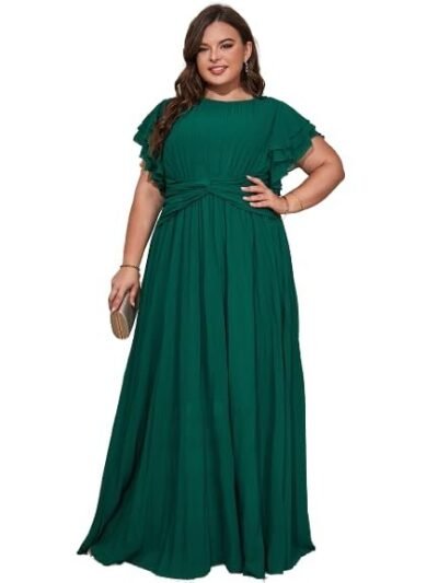 Women's Plus Size Butterfly Sleeve Ruffle Pleated Long Bridesmaid Dress Green