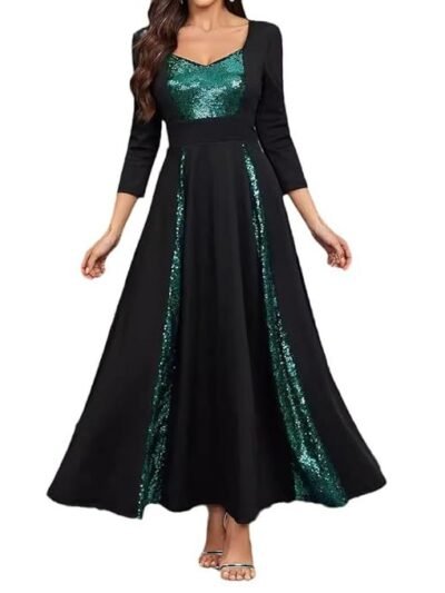 Women's Ethnic Sequined Ruffle Bridesmaid Cocktail Gown Long Dress Black