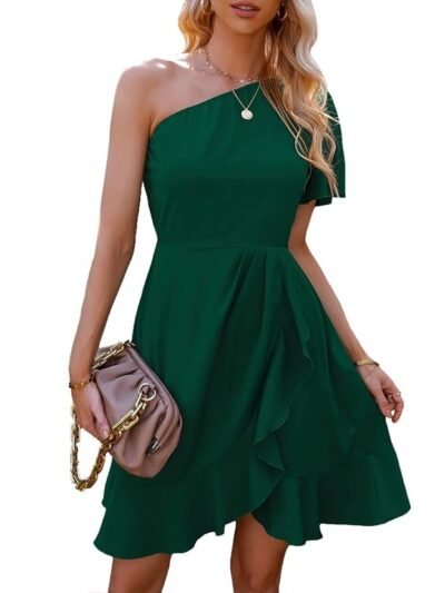 Women's Formal Bridesmaid Graduation Engagement Cocktail Dress One Shoulder Solid Dresses Green