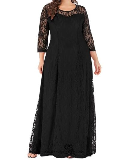 Women's Plus Size Lace Dress 3/4 Sleeve Bridesmaid Wedding Evening Gown Formal Cocktail Party Long Maxi Dresses-Black-3XL
