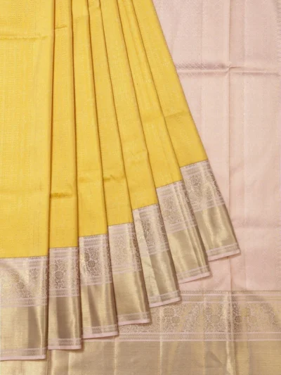 Yellow Kanchipuram Silk Saree with Onion Pink Zari Pallu