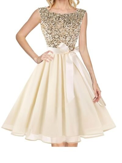 Women's Boatneck Sleeveless Prom Wedding Guest Bridesmaid Dresses Cocktail Dress, Champagne Sequin(sequin)