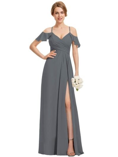 Women's Long Spaghetti Straps Bridesmaid Dress with Slit Off Shoulder Chiffon Formal Party Gowns MDPM128