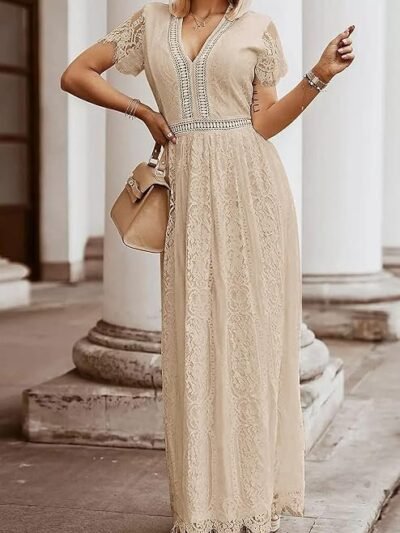Women's V Neck Short Sleeve Floral Lace Wedding Dress Bridesmaid Cocktail Party Maxi Dress (Apricot)