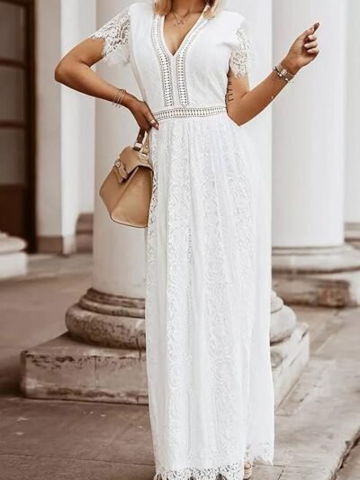 Women's V Neck Short Sleeve Floral Lace Wedding Dress Bridesmaid Cocktail Party Maxi Dress (White)