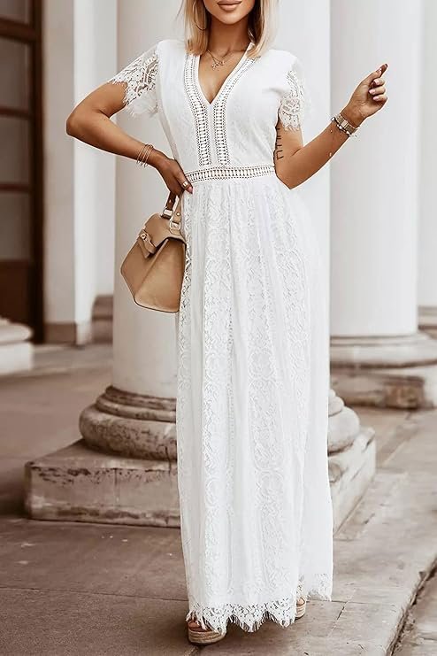 White Lace Floral Maxi Gown