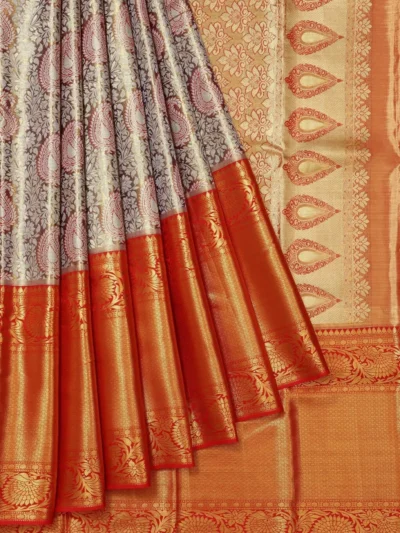 Blue Kanchipuram Silk Saree with Floral Zari and Red Pallu Regular price