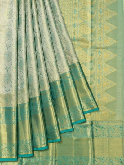 Gold Kanchipuram Silk Saree with Floral Design and Sea Green Border