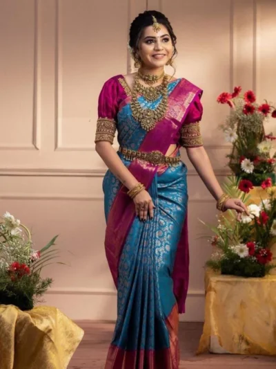 Aqua Blue Litchi Silk Zari Jacquard Saree A Classy Wear Festive Wear