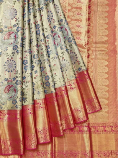 Gold Kanchipuram Silk Saree with Mayil Motifs and Pink Pallu