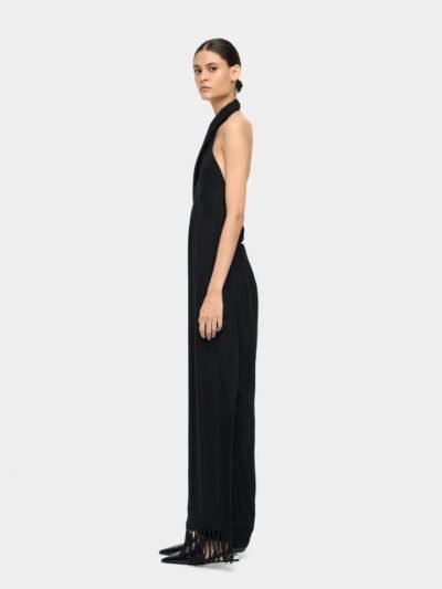 Crinkled Jumpsuit with Fringed Hem Detail – Black
