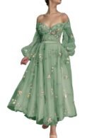 Pink Tulle Patterned Tea Length Gown