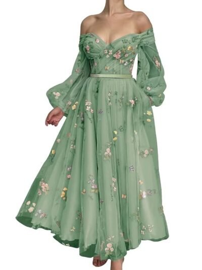 Women's Puffy Sleeve Tulle Prom Dresses Tea Length Pink Flower Lace Formal Evening Gowns