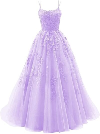 Tulle Lace Appliques Prom Dresses Long Ball Gown for Women Spaghetti Straps Corset Backless Evening Dress