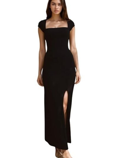 Black Lahariya Print Bodycon Maxi Dress with Square Neck and Front Slit