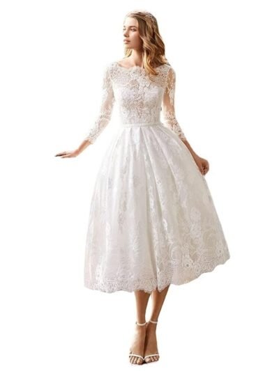Women Lace Wedding Dresses for Bride,Long Sleeves Bridal Prom Evening Gowns Beach White Dresses, White, M-L