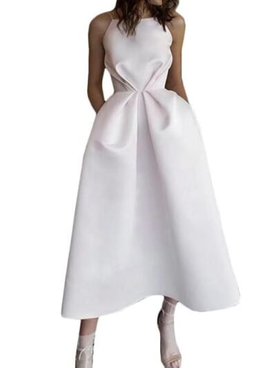 Summer Sexy White Satin Backless A-line Ruffle Sleeveless Prom Midi Cocktail Party Dress for Women