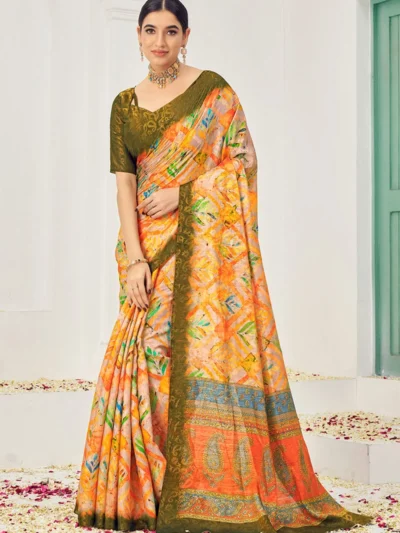Women Jacquard Zari Woven Orange Digital Print Silk Saree With Blouse Festive Wear