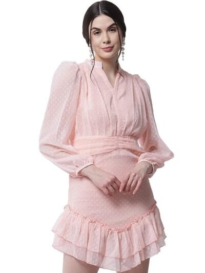 Peach Lantern Sleeve Layer Hem Mesh Prom Dress