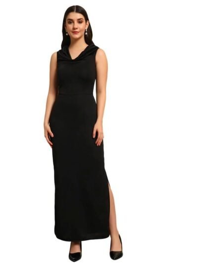 Sleeveless Party Dress for Women with Side Slits | Shiny Lycra Cowl Neck Bodycon Maxi Length Outfit(Black)