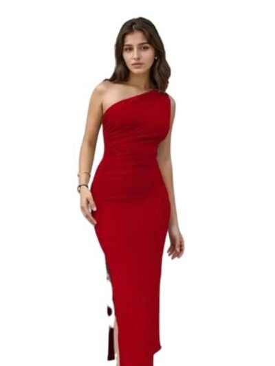 Red One Shoulder Bodycon Dress, Side Slit, Formal Evening Gown, Elegant Fitted Maxi