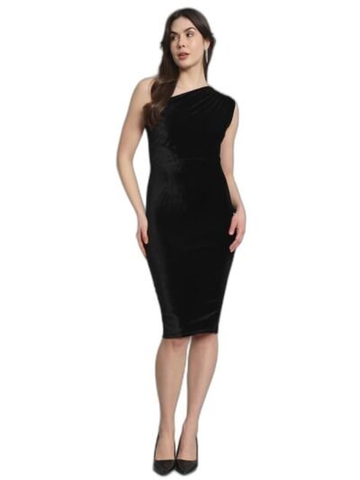 One Shoulder Party Dress for Women Bodycon | Shiny Velvet Back Slit Stylish Outfit(Black)