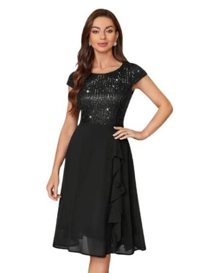 Sequin Cocktail Dress, Black, Cap Sleeve, A-Line Evening Party Dress with Chiffon Skirt