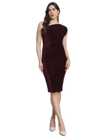 One Shoulder Party Dress for Women Bodycon | Shiny Velvet Back Slit Stylish Outfit(Wine)