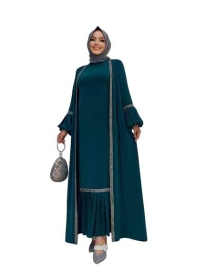Women's Traditional Burqa, Long Bell Sleeves, Embellished Trim, Teal Green