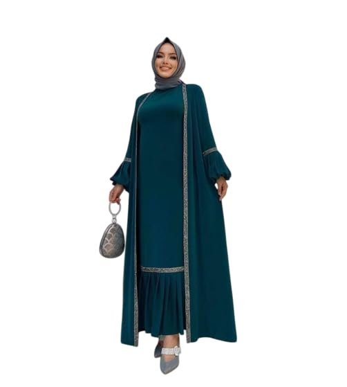 Women's Traditional Burqa, Long Bell Sleeves, Embellished Trim, Teal Green