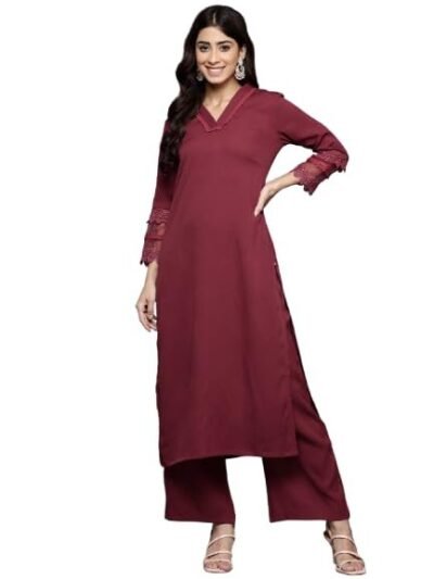 Women Maroon Straight Kurta Paired with Tonal Bottom – Comfortable and Stylish Outfit for Various Occasions