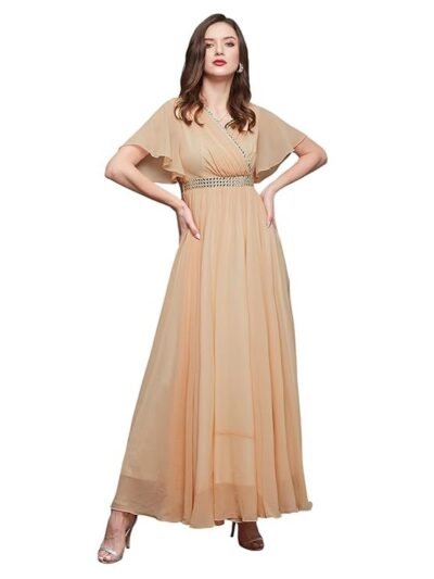 Women's V-Neck Flared/Bell Sleeves Fit & Flare Maxi Dress (Peach)