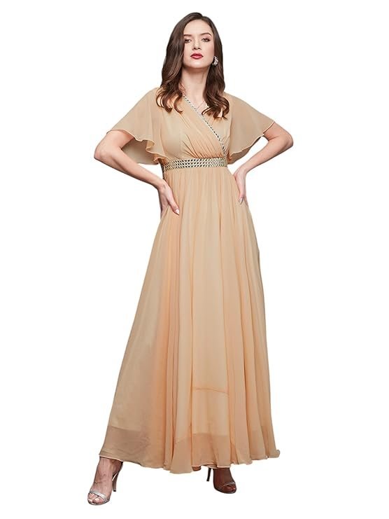 Peach Georgette Flared Fit-and-Flare Maxi Dress