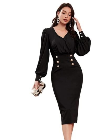 Women Bodycon Sweatheart Neck Lantern Sleeve one Piece Bodycon Midi Dress | Dress for Women (Black)