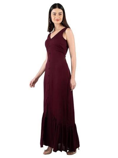 Mermaid Cut Dress for Women | Crinkle Rayon Fabric | V Neck Style | Sleeveless Maxi Dress | Button Detailed | Flared Cut Casual Dress for Women