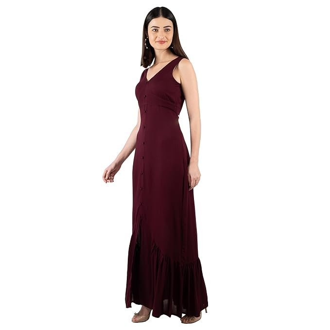 Mermaid Cut Dress for Women | Crinkle Rayon Fabric | V Neck Style | Sleeveless Maxi Dress | Button Detailed