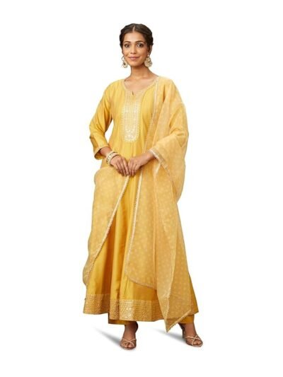 Women's Embroidered Anarkali Kurta Pant Set with Organza Dupatta | Viscose,Rayon | Marigold Yellow