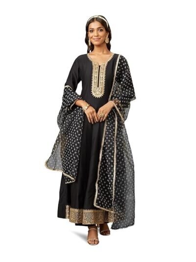 Women's Embroidered Anarkali Kurta Pant Set with Organza Dupatta | Viscose,Rayon | Black
