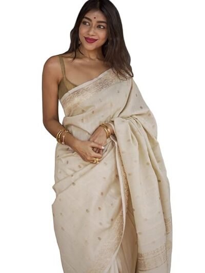 Women's Lavander Banarasi Kanchipuram Art Silk Saree for Women – Traditional Wedding & Party Saree with Blouse Piece – Ethnic Indian Silk Saree for Bridal, Festive (Beige)