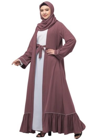 Dual Layer Abaya Dress Of Inner Abaya And Detachable Shrug With Piping And Frill Work(Puce Pink )