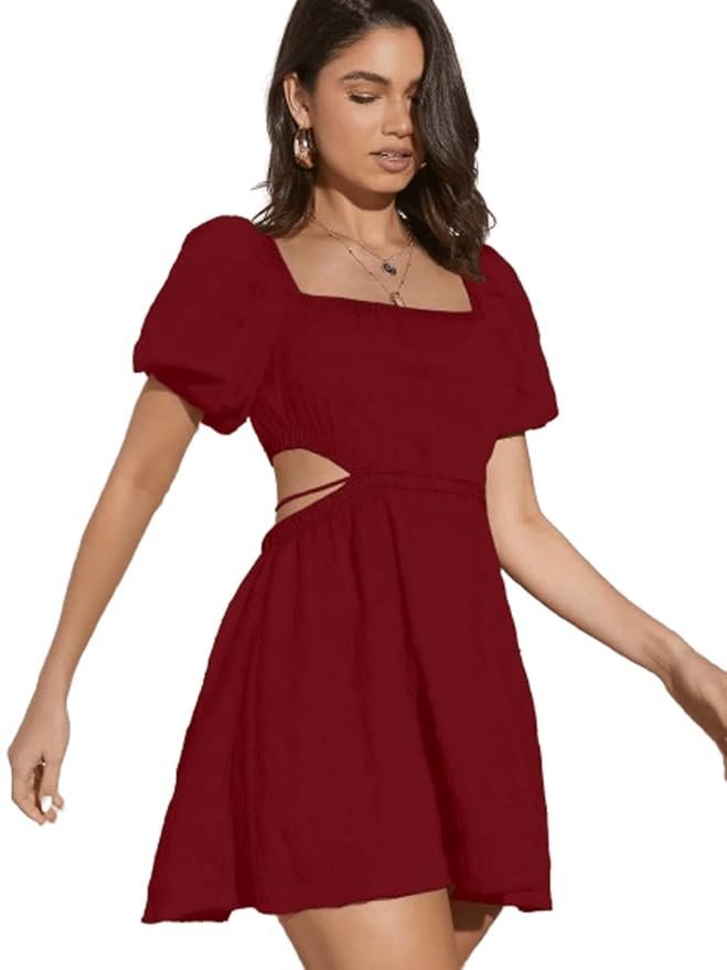 Girls & Girl's Fit And Flare Solid Summer Beach Square Neck Puff Sleeve Cut Out