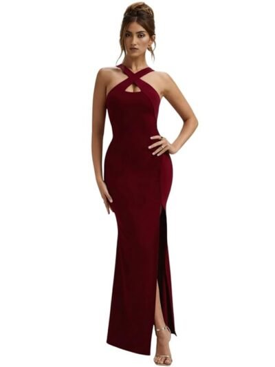 Women's Halter Neck Bodycon Maxi Dress – Sleeveless Slim Fit Dress with Front Slit & Crisscross Back(Wine)