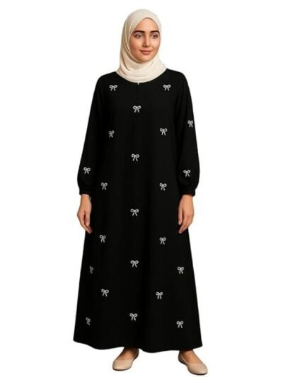 Long Black Abaya Burkha Burqa Dress for Muslims with Bow Pattern, Full Length Maxi, Long Sleeves