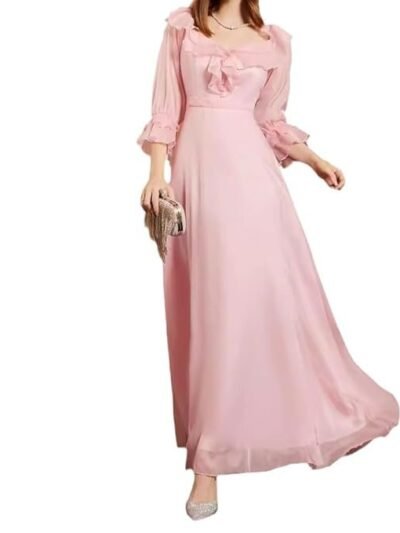 Elegant Pink Ruffle Long Side Slit Formal Prom Midi Office Party Dress for Women